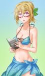  1girl alternate_costume anti_(untea9) bespectacled bikini blonde_hair blue_bikini blue_sarong book braid braided_bangs braided_bun breasts cleavage collarbone glasses gradient gradient_background green_background highres holding holding_book kantai_collection large_breasts light_blush long_hair looking_at_viewer navel open_book open_mouth perth_(kancolle) purple_eyes sarong solo swimsuit 