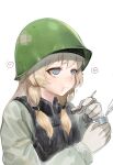  1girl :t @_@ absurdres alternate_costume an-94_(girls&#039;_frontline) bandaid bangs blonde_hair blue_eyes bulletproof_vest can canned_food commentary_request dokomon eating food girls&#039;_frontline gloves helmet highres korean_commentary long_hair long_sleeves solo spoon white_background 