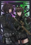  2girls absurdres ass assault_rifle backpack bag bandana brown_eyes brown_hair emblem explosive female_commander_(girls&#039;_frontline) g&amp;k-cmdr geissele_urg-i girls&#039;_frontline gloves grenade grifon_&amp;_kryuger grip gun hand_in_pocket handgun highres holding holding_gun holding_weapon holster jacket long_hair looking_back m4_carbine m4a1_(girls&#039;_frontline) multiple_girls pants ponytail purple_eyes rifle scope shorts skull_print tactical_clothes thighhighs trigger_discipline weapon 