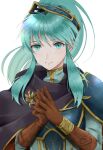  1girl alternate_costume alternate_hairstyle aplche aqua_eyes aqua_hair armor bangs breastplate brown_gloves cape cosplay earrings eirika_(fire_emblem) ephraim_(fire_emblem) ephraim_(fire_emblem)_(cosplay) fire_emblem fire_emblem:_the_sacred_stones fire_emblem_heroes gloves hair_ornament highres jewelry long_hair looking_at_viewer official_alternate_costume own_hands_together ponytail shoulder_armor sidelocks smile solo upper_body white_background 