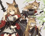  1girl :o @_@ animal_ears arknights bangs bare_shoulders black_coat blonde_hair breeze_(arknights) cat_ears coat dress energy_ball exion_(neon) grey_background grey_dress hair_between_eyes hair_ribbon holding holding_wand long_hair looking_at_viewer open_mouth ribbon simple_background sleeveless sleeveless_dress solo v-shaped_eyebrows wand yellow_eyes 