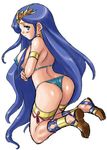  bikini blue_eyes blue_hair blush breasts breath_of_fire breath_of_fire_ii covered_nipples crown dr.p hat large_breasts long_hair seso shaman solo swimsuit white_background 