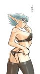  adjusting_eyewear ass blue_hair breasts breath_of_fire breath_of_fire_v cowboy_shot dr.p flat_ass garter_belt glasses large_breasts pointy_ears profile short_hair simple_background solo thighhighs white_background zeno_1/128 