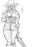  bodysuit breasts breath_of_fire breath_of_fire_v dr.p facial_hair fake_facial_hair fake_mustache funny_glasses glasses gloves greyscale large_breasts monochrome mustache opaque_glasses pantyhose pointy_ears short_hair solo white_background zeno_1/128 