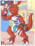  ambiguous_gender anthro baby_bottle calendar carnival-tricks claws diaper diaper_bag digimon digimon_(species) gesture guilmon hi_res nursery open_mouth smile solo standing teeth tongue toy watermark waving 