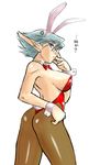  animal_ears ass back-seamed_legwear blue_hair breasts breath_of_fire breath_of_fire_v bunnysuit cowboy_shot dr.p fake_animal_ears flat_ass glasses large_breasts leotard pantyhose pointy_ears profile red_leotard seamed_legwear short_hair simple_background solo white_background wrist_cuffs zeno_1/128 