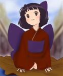  1girl back_bow bangs black_eyes black_hair blunt_bangs blurry blurry_background blush bow character_request copyright_request day hair_bow haruyama_kazunori japanese_clothes kimono long_sleeves looking_at_viewer obi outdoors parted_lips purple_bow purple_sash sash short_hair smile solo 