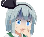  1girl bangs black_hairband blue_eyes cato_(monocatienus) collar collared_shirt eyebrows_visible_through_hair green_vest grey_hair hairband hand_up konpaku_youmu looking_to_the_side open_mouth shaded_face shirt short_hair short_sleeves simple_background solo surprised touhou upper_body vest white_background white_shirt white_sleeves 