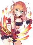  1girl :p akahaneko bangs bare_shoulders belt black_gloves blonde_hair breasts collarbone detached_sleeves eyebrows_visible_through_hair fire flame frilled_skirt frills gloves green_eyes hair_between_eyes highres multicolored_hair orange_hair princess_connect! red_hair ring_hair_ornament rino_(princess_connect!) short_shorts shorts simple_background skirt small_breasts solo tongue tongue_out two-tone_hair white_background 