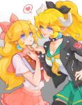  alternate_costume alternate_hairstyle blonde_hair blue_eyes blush book bow bowser bowsette bracelet closed_mouth collar earrings grabbing_another&#039;s_chin hair_ornament hand_on_another&#039;s_chin heart highres holding holding_book horns jacket jewelry long_hair mario_(series) midriff midriff_peek mushroommirror navel neckerchief nintendo princess_peach school_uniform smile spiked_bracelet spiked_collar spikes super_mario_bros. thick_eyebrows white_background 