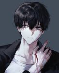  1boy bandaid bandaid_on_hand black_hair black_jacket blood blood_on_hands closed_mouth commission grey_background grey_eyes highres jacket jewelry kkxmxx looking_at_viewer male_focus original ring shirt short_hair simple_background solo upper_body white_shirt 