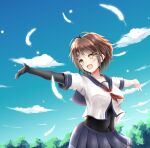  1girl bodysuit brown_hair cloud feathers furutaka_(kancolle) glowing glowing_eye hair_ornament hairclip heterochromia kantai_collection looking_to_the_side neruhi open_mouth sailor_collar short_hair skirt sky smile solo tree 