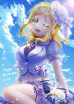  1girl ;d absurdres blonde_hair blue_bow blue_sky bow braid cloud crop_top crown_braid day earrings floating_hair green_eyes happy_birthday hat highres jewelry konro_kai layered_skirt lens_flare long_hair looking_at_viewer love_live! love_live!_sunshine!! midriff miniskirt navel ohara_mari one_eye_closed open_mouth outdoors short_sleeves skirt sky smile solo sparkle stomach striped striped_bow vertical-striped_skirt vertical_stripes 