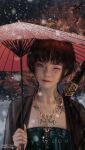  1girl artist_name bangs black_hair brown_eyes chinese_clothes dragon_tattoo ghostblade hanfu highres jade_(ghostblade) jewelry neck_tattoo necklace oil-paper_umbrella one_eye_closed short_hair snowing solo tattoo umbrella upper_body watermark web_address wlop 