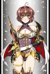  1girl ahoge armor ass_visible_through_thighs betty_(langrisser) black_border blush border breasts brown_hair cape cleavage closed_mouth cowboy_shot gloves grey_leotard hair_intakes hand_on_hip highleg highleg_leotard hikaru_(mikan0407) langrisser large_breasts leotard looking_at_viewer mind_control pillarboxed shiny shiny_hair short_hair shoulder_armor smile solo standing sword urushihara_satoshi_(style) weapon white_border white_cape white_gloves yellow_eyes 