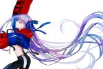  1girl absurdres arm_up closed_eyes fate/grand_order fate_(series) hair_ribbon heroic_spirit_tour_outfit highres hood hooded_jacket jacket long_hair meltryllis_(fate) midriff profile purple_hair ribbon smile very_long_hair white_background yukiirokumokakusi 