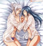  2girls black_hair from_above glasses gumbat kurihara_mari_(prison_school) lips looking_at_another lying multiple_girls navel on_bed on_side open_clothes open_shirt panties prison_school see-through shiraki_meiko sweat sweating_profusely thighs tied_hair touching underwear watermark web_address wet wet_clothes white_hair wife_and_wife yuri 