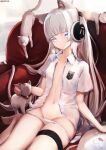  1girl animal animal_ear_fluff animal_ears artist_name awp_(girls&#039;_frontline)_(nekoya_(liu)) bangs barefoot bell blue_eyes cat cat_ears closed_mouth collar collarbone collared_shirt colored_eyelashes commentary_request couch dress_shirt eyebrows_behind_hair girls&#039;_frontline groin headphones highres jingle_bell long_hair looking_at_viewer navel neck_bell nekoya_(liu) on_couch open_clothes open_shirt original panties panty_pull revision shirt signature silver_hair solo thigh_strap underwear very_long_hair white_cat white_panties white_shirt 