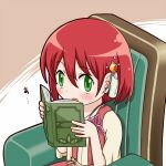  1girl akagami_no_shirayukihime armchair beige_dress bell blush book chair eyebrows_visible_through_hair green_eyes hair_bell hair_ornament light_brown_background minagi_(gogogo) reading red_hair shirayuki_(akagami_no_shirayukihime) short_hair sitting solo two-tone_background white_background 