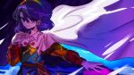  1girl asuku_(69-1-31) bangs breasts cape eyebrows_visible_through_hair hair_between_eyes hairband highres long_sleeves looking_at_viewer multicolored multicolored_clothes purple_eyes purple_hair short_hair small_breasts smile tenkyuu_chimata touhou white_cape wind wind_lift 