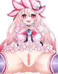 1girl :d anus brooch censored detached_collar dress dress_flower elsword hat jewelry laby_(elsword) long_hair looking_at_viewer mosaic_censoring open_mouth pink_dress pink_eyes pink_hair pink_headwear pink_theme purple_legwear pussy sharp_teeth shining_romantica_(elsword) simple_background sitting smile solo spread_legs sula_(s_ra760) teeth thighhighs white_background 