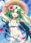  1girl :d absurdres arm_up armpits bikini blue_bikini blue_ribbon blue_sky blush breasts cleavage cloud collarbone cowboy_shot floating_hair flower front-tie_bikini front-tie_top green_eyes green_hair hair_flower hair_ornament hair_ribbon halterneck hat hibiscus highres higurashi_no_naku_koro_ni long_hair looking_at_viewer medium_breasts ocean open_mouth petals red_flower ribbon shiny shiny_skin side-tie_bikini sideboob sinrin_uo sky smile solo sonozaki_shion standing straw_hat striped striped_bikini summer sun_hat swimsuit very_long_hair yellow_ribbon 