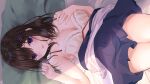  bed blush bra breast_hold brown_hair original purple_eyes ramchi skirt underwear 