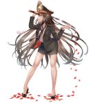  1girl artist_name black_hair fate/grand_order fate_(series) full_body hakuda_tofu hat high_heels highres holding holding_sword holding_weapon katana long_hair long_sleeves looking_at_viewer necktie oda_nobunaga_(fate) oda_nobunaga_(fate)_(all) petals simple_background skirt solo standing sword very_long_hair watermark weapon white_background 