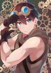  1boy blue_eyes brown_hair brown_tank_top closed_mouth eyebrows_visible_through_hair gears gloves goggles goggles_on_head highres holding holding_wrench hood hood_down kurobikari looking_at_viewer male_focus original short_hair sweatdrop tank_top toned toned_male upper_body veiny_arms wrench 