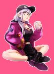  1girl allen_riv baseball_cap bespectacled black-framed_eyewear black_choker black_footwear black_headwear black_shorts boots choker cup disposable_cup eyebrows_visible_through_hair fate/grand_order fate_(series) glasses grey_hair hat highres holding holding_cup jacket kama_(fate) long_sleeves open_clothes open_jacket pink_jacket red_eyes short_shorts shorts sitting solo 