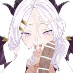  1boy 1girl bar_censor blue_archive censored cheek_poking cum cum_in_mouth cum_on_tongue demon_horns demon_wings erection facial finger_in_another&#039;s_mouth foreskin hetero highres hina_(blue_archive) horns long_hair looking_at_viewer mouth_pull open_mouth penis penis_on_face phimosis poking pov purple_eyes simple_background solo_focus stray_pubic_hair sukarabeeto tongue tongue_out white_background white_hair wings 