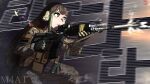  1girl absurdres assault_rifle black_eyes black_hair bulletproof_vest girls&#039;_frontline gloves green_hair gun headset highres holding holding_gun holding_weapon long_hair long_sleeves m4_carbine m4a1_(girls&#039;_frontline) military military_uniform multicolored_hair radish_p rifle scope solo streaked_hair uniform weapon 