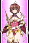  1girl ahoge armor ass_visible_through_thighs betty_(langrisser) black_border blush border breasts brown_hair cape cleavage closed_mouth cowboy_shot gloves hair_intakes hand_on_hip highleg highleg_leotard hikaru_(mikan0407) langrisser large_breasts leotard looking_at_viewer pillarboxed pink_leotard shiny shiny_hair short_hair shoulder_armor smile solo standing sword urushihara_satoshi_(style) weapon white_border white_cape white_gloves yellow_eyes 