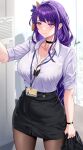  1girl bangs black_skirt blush braid braided_ponytail breasts choker cleavage collarbone collared_shirt dress_shirt genshin_impact highres id_card large_breasts long_hair office_lady piukute062 purple_eyes purple_hair raiden_shogun shirt skirt solo thighs very_long_hair white_shirt 