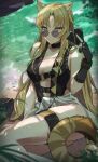  1girl absurdres animal_ears arknights bare_shoulders black_choker black_gloves black_swimsuit blonde_hair breasts center_opening changpan_hutao choker clothes_around_waist commentary feet_out_of_frame gloves green_eyes highres long_hair looking_at_viewer medium_breasts no_hat no_headwear official_alternate_costume one-piece_swimsuit partially_fingerless_gloves sand shirt shirt_around_waist sideboob single_glove sitting smile solo sunglasses swimsuit swire_(arknights) tail thigh_strap thighs tiger_ears tiger_girl tiger_tail water white_shirt 