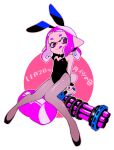  1girl :q animal_ears bangs black_footwear black_leotard black_neckwear blunt_bangs bob_cut bow bowtie closed_eyes commentary dated fake_animal_ears fake_tail flats grey_legwear heavy_splatling_(splatoon) highres holding holding_weapon ika_shicomcom inkling leotard long_hair looking_at_viewer pantyhose playboy_bunny pointy_ears purple_eyes purple_hair rabbit_ears rabbit_tail short_hair sitting smile solo splatoon_(series) strapless strapless_leotard tail tentacle_hair tights_day tongue tongue_out translated weapon white_background 
