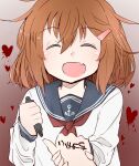  1girl 1other absurdres brown_hair closed_mouth commentary heart highres ikazuchi_(kancolle) kantai_collection long_sleeves open_mouth red_neckwear sailor_collar school_uniform short_hair solo_focus yandere zeroyon_(yukkuri_remirya) 