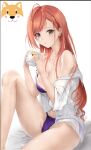  1girl :o absurdres ahoge arisugawa_natsuha bare_legs bare_shoulders blush bra breasts brown_eyes cleavage collarbone cup dog feet_out_of_frame highres holding holding_cup idolmaster idolmaster_shiny_colors knee_up long_hair looking_at_viewer medium_breasts mippei29 mug off_shoulder open_clothes open_shirt panties parted_lips purple_bra purple_ribbon red_hair ribbon see-through shirt short_sleeves side-tie_panties simple_background sitting solo strap_slip thighs underwear very_long_hair white_background white_shirt 