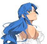  1girl blue_hair breasts closed_mouth enami_katsumi floating_hair from_side green_eyes hair_intakes highres long_hair looking_at_viewer looking_back medium_breasts partially_colored puyopuyo rulue_(puyopuyo) sideboob simple_background sketch solo upper_body very_long_hair white_background 