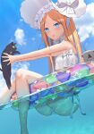  1girl :o abigail_williams_(fate) abigail_williams_(swimsuit_foreigner)_(fate) absurdres animal ass bangs bare_shoulders black_cat blonde_hair blue_eyes blush bonnet bow cat chinese_commentary eyebrows_visible_through_hair fate/grand_order fate_(series) feet_out_of_frame floating floating_object frilled_swimsuit frills grey_cat hat heart heart_print highres holding holding_animal holding_cat legs long_hair looking_at_viewer ocean open_mouth parted_bangs solo star_(symbol) star_facial_mark star_print swimsuit yinori 