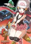  1girl black_hair blue_eyes blue_hair breasts dawn_(pokemon) gallade gen_4_pokemon gradient gradient_background grey_eyes grin hat headgear headwear highres infernape long_hair looking_at_viewer looking_back looking_to_the_side lucario miniskirt open_mouth pale_skin panties pantyshot poke_ball pokemon pokemon_(anime) puchidori red_eyes scarf simple_background skirt small_breasts smile thick_thighs thighs toxicroak underwear video_game wide_hips 