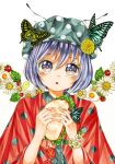  1girl bangs butterfly_on_head flower food hand_up highres holding holding_food ky2ca-nica leaf lettuce marker_(medium) original parted_lips plant purple_eyes purple_hair sandwich short_hair simple_background solo traditional_media upper_body white_background white_flower 