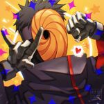  1boy \m/ akatsuki_(naruto) akatsuki_uniform artist_name behindxa black_gloves black_hair clenched_hand coat gloves heart high_collar highres male_focus mask naruto_(series) naruto_shippuuden solo spoken_heart tobi_(naruto) upper_body 