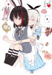  2girls ace_of_hearts ace_of_spades alice_(alice_in_wonderland) alice_(alice_in_wonderland)_(cosplay) alice_in_wonderland animal_ears aoba_moca apron bang_dream! bangs black_choker black_hair black_ribbon blue_dress blush bunny choker clock closed_eyes cosplay dress eyebrows_visible_through_hair fuku_kaitai!!!! grey_hair hair_ribbon heart highres hug hug_from_behind mitake_ran multicolored_hair multiple_girls one_eye_closed purple_eyes rabbit_ears red_hair ribbon short_hair sitting sitting_on_lap sitting_on_person smile squirrel streaked_hair striped striped_legwear white_apron 