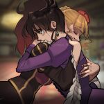  2girls artist_name beatrice_(umineko) black_dress blonde_hair blurry blurry_background blush breasts brown_hair closed_eyes crying dress drill_hair earrings english_commentary fingernails highres huge_breasts jewelry long_fingernails multiple_girls myuu_art purple_dress red_ribbon ribbon ring twitter_username umineko_no_naku_koro_ni ushiromiya_natsuhi watermark wide_sleeves 