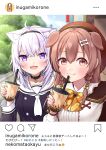  2girls :3 :d ahoge animal_ear_fluff animal_ears bangs beret black_choker black_hairband black_shirt blurry blurry_background blush bone_hair_ornament bow braid brown_eyes brown_hair brown_headwear cat_ears cat_girl choker closed_mouth commentary_request cup day depth_of_field disposable_cup dog_ears dog_girl drinking_straw eyebrows_visible_through_hair eyes_visible_through_hair fake_screenshot fang fang_out hair_bow hair_ornament hairband hand_up hat highres holding holding_cup hololive instagram inugami_korone long_hair long_sleeves looking_at_viewer multiple_girls nekomata_okayu open_mouth outdoors purple_eyes purple_hair sailor_collar shirt smile tomozu translation_request twin_braids upper_body virtual_youtuber white_sailor_collar white_shirt 