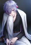  1boy belt black_shirt brown_belt ca_yu collared_shirt dress_shirt fuwa_minato hair_over_one_eye highres jacket jacket_on_shoulders jewelry long_sleeves looking_at_viewer male_focus nijisanji open_clothes open_jacket pants parted_lips purple_eyes ring shirt short_hair silver_hair solo twitter_username virtual_youtuber white_jacket white_pants wing_collar 