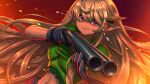  1girl aiming aiming_at_viewer blonde_hair brown_eyes cosplay doom_(series) doomguy doomguy_(cosplay) double-barreled_shotgun double_barrels fairy gun hair_behind_ear highres holding holding_weapon long_hair navel nijisanji nijisanji_en pointy_ears pomu_rainpuff sawed-off_shotgun shiny shiny_hair shotgun solo space_marine substance20 virtual_youtuber weapon 