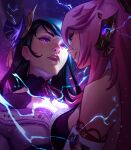  2girls absurdres breast_press electricity eyeshadow genshin_impact highres jeremy_anninos lips makeup multiple_girls nose pink_hair purple_eyes purple_hair raiden_shogun smile symmetrical_docking upper_body yae_(genshin_impact) 