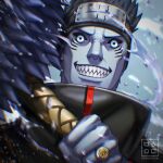  1boy akatsuki_(naruto) akatsuki_uniform artist_name behindxa blue_skin colored_skin facial_mark forehead_protector highres hoshigaki_kisame jewelry looking_at_viewer male_focus naruto_(series) naruto_shippuuden ring samehada_(naruto) sharp_teeth short_hair smile solo teeth upper_body 